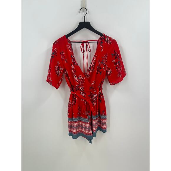 TRIXXI Bright Red Floral Boho Short Romper Size Small - Picture 1 of 6